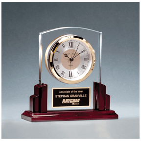 6 5/8" x 6 1/2" Glass Clock with Rosewood High Gloss Base, Black Aluminum Plate