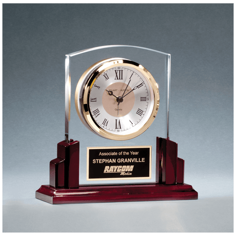 6 5/8" x 6 1/2" Glass Clock with Rosewood High Gloss Base, Black Aluminum Plate