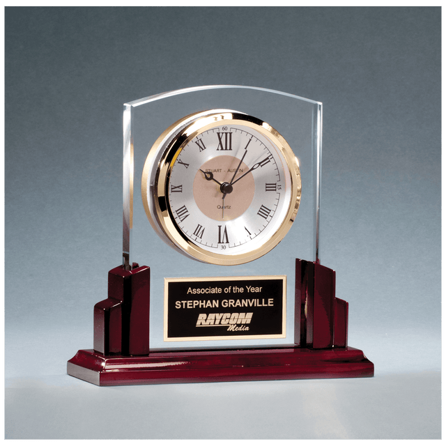 6 5/8" x 6 1/2" Glass Clock with Rosewood High Gloss Base, Black Aluminum Plate