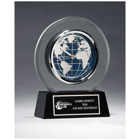 7 1/4" x  8 3/4" Glass Clock with World Dial on Black High Gloss Base, Black Plate