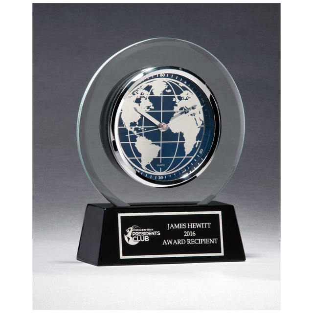 7 1/4" x  8 3/4" Glass Clock with World Dial on Black High Gloss Base, Black Plate