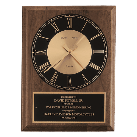 Walnut Round Face Quartz Clock with Black 9" x 12" American Plate