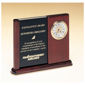 6 3/4" x 8 1/2" Rosewood Piano Finish Clock with Two Engraving Plates to Accomodate Extra Copy