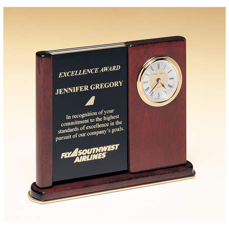 6 3/4" x 8 1/2" Rosewood Piano Finish Clock with Two Engraving Plates to Accomodate Extra Copy