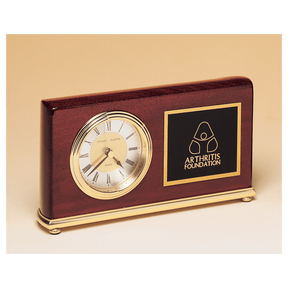 4" x 7 5/8" Rosewood Piano Finish Clock, Brass Base, Diamond Spun Dial, 3 Hand Movement with Black Laserable Plate