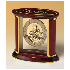 7" x 9" Skeleton Clock w/Sub-Second Dial, Brass Finish Movement, Rosewood Piano Accents, Plate