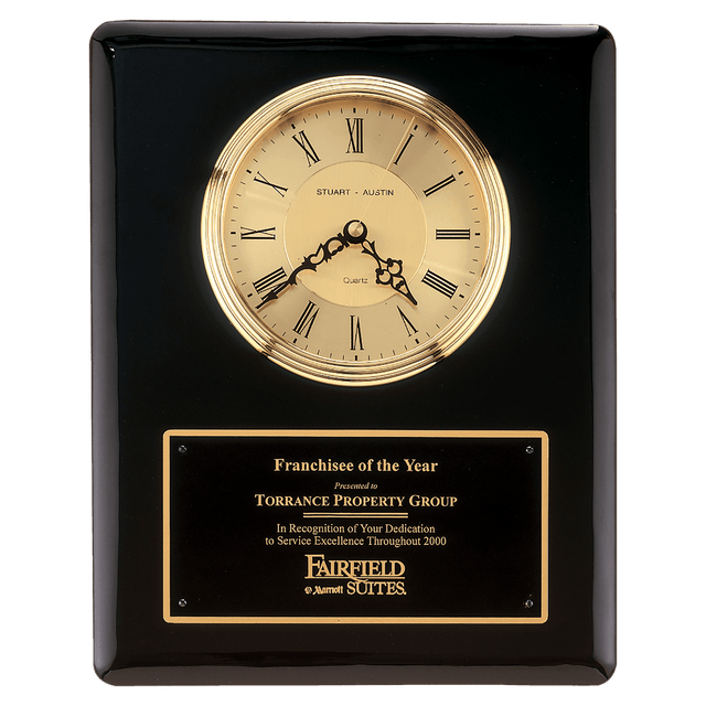 10 1/2" x 13" Black Piano Finish Clock, Waterfall Bezel with Glass Lens, Gold Dial, Plate