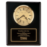 Black Piano Finish Clock, Waterfall Bezel with Glass Lens, Gold 10 1/2" x 13" Dial, Plate