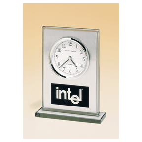 7 1/4" x 4 7/8" Glass Clock, Brushed Aluminum Panel, White Dial and Black Aluminum Plate