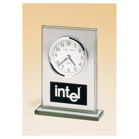 7 1/4" x 4 7/8" Glass Clock, Brushed Aluminum Panel, White Dial and Black Aluminum Plate