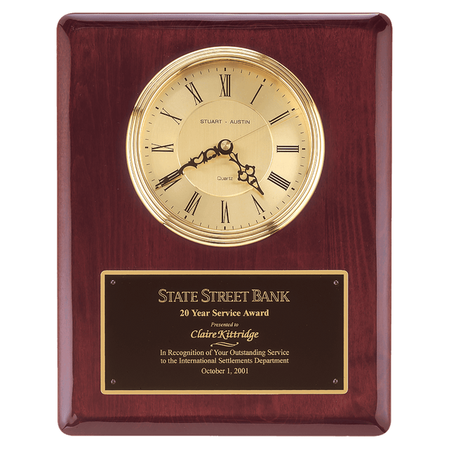 10 1/2" x 13" Rosewood Piano Finish Clock, Waterfall Bezel with Glass Lens,Gold Dial, Plate