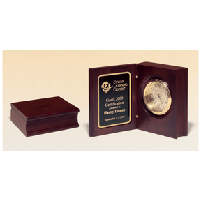 5 3/8" x 4 1/4" Hand Rubbed Mahogany Finish Book Clock w/Gold Spun Dial, 3 Hand Movement, Plate