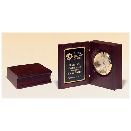 5 3/8" x 4 1/4" Hand Rubbed Mahogany Finish Book Clock w/Gold Spun Dial, 3 Hand Movement, Plate