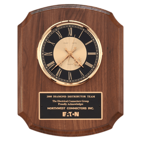 10 1/2" x 13" Walnut Quartz Clock, Brass Diamond Spun Bezel, Glass Lens, Black & Gold Dial