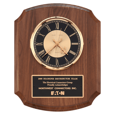 10 1/2" x 13" Walnut Quartz Clock, Brass Diamond Spun Bezel, Glass Lens, Black & Gold Dial