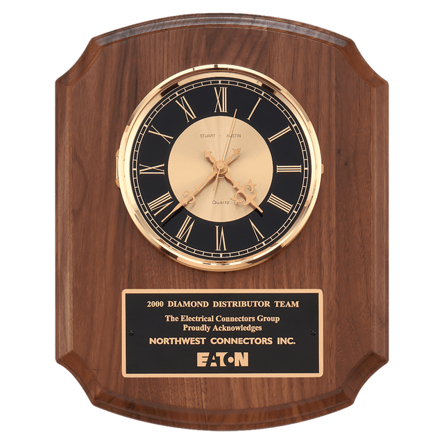10 1/2" x 13" Walnut Quartz Clock, Brass Diamond Spun Bezel, Glass Lens, Black & Gold Dial