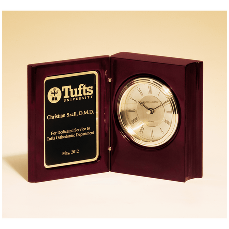 5 3/8" x 4 1/4" Rosewood Piano Finish Book Clock w/Diamond Spun Dial, 3 Hand Movement, Plate