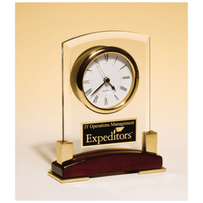 6 x 7 3/4" Beveled Glass Desk Clock, Rosewood Piano Finish Base, Gold MetalAccent with Black Plate