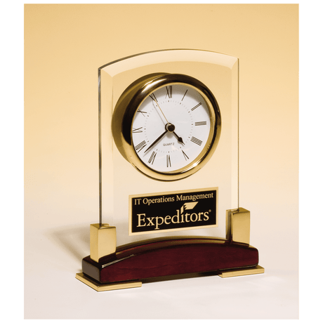 6 x 7 3/4" Beveled Glass Desk Clock, Rosewood Piano Finish Base, Gold MetalAccent with Black Plate
