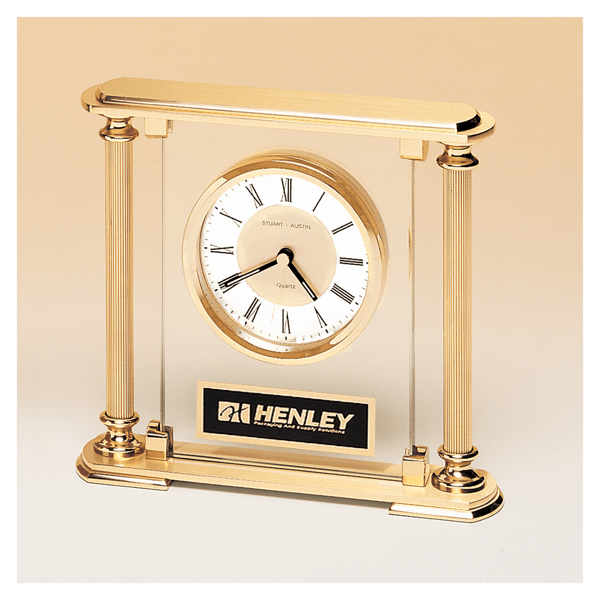 6 5/8" x 7 1/4" Glass Upright with Feet & Top, Metal Goldtone Columns, Diamond Spun Dial, 3 Hands with Black Plate