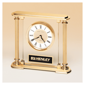 6 5/8" x 7 1/4" Glass Upright with Feet & Top, Metal Goldtone Columns, Diamond Spun Dial, 3 Hands with Black Plate