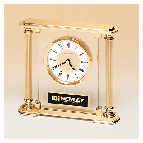 6 5/8" x 7 1/4" Glass Upright with Feet & Top, Metal Goldtone Columns, Diamond Spun Dial, 3 Hands with Black Plate