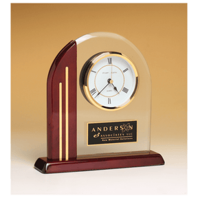 7 1/2" x 7 7/8" Arch Clock with Glass Upright and Rosewood Piano Finish Post and Base with Plate