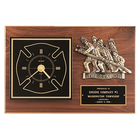 12" x 18" Walnut Plaque w/Gold Maltese Cross Clock/Firefighter Relief/Black and Brass Plate