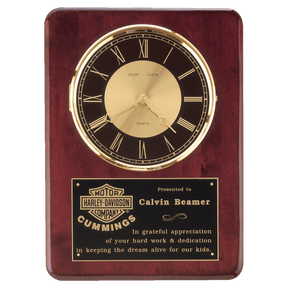 12" x 15" Rosewood Piano Finish Clock, Brass Bezel with Glass Lens, Black/Gold Dial with Black Plate