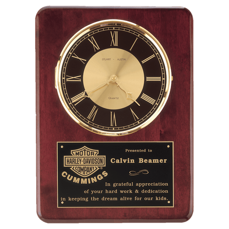 12" x 15" Rosewood Piano Finish Clock, Brass Bezel with Glass Lens, Black/Gold Dial with Black Plate