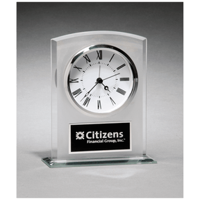 5" x 6 1/4" Glass Clock with Frosted Top, Polished Edge and Base with Black Plate
