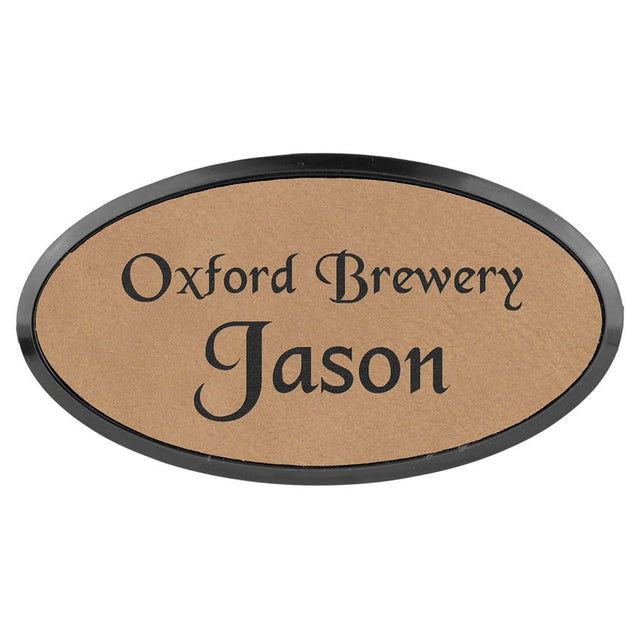 Light Brown 3" x 1 1/2" Laserable Leatherette Oval Badge & Frame