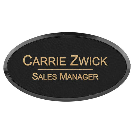Black/Gold 3" x 1 1/2" Laserable Leatherette Oval Badge & Frame