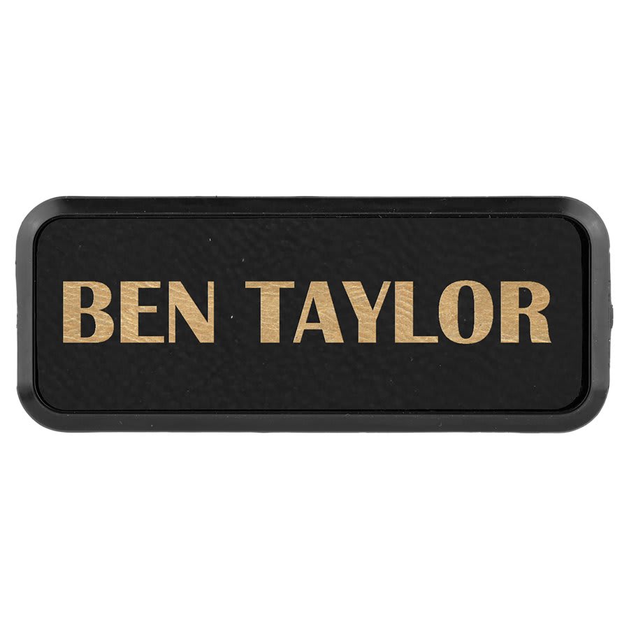 Black/Gold 3" x 1" Laserable Leatherette Round Corner Badge & Frame