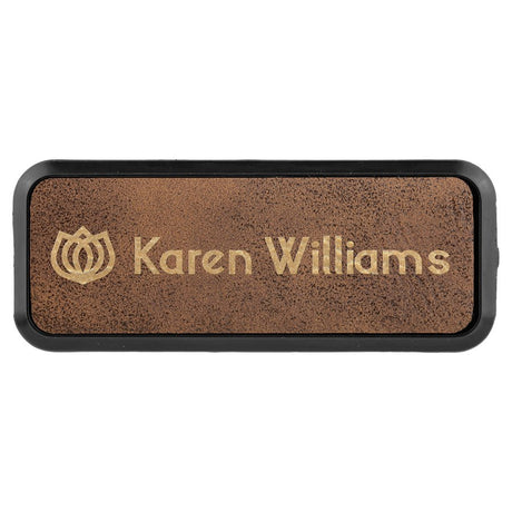 Rustic/Gold 3" x 1" Laserable Leatherette Round Corner Badge & Frame