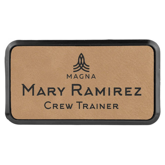 Light Brown 3" x 1 1/2" Laserable Leatherette Round Corner Badge & Frame