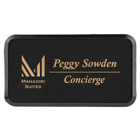 Black/Gold 3" x 1 1/2" Laserable Leatherette Round Corner Badge & Frame