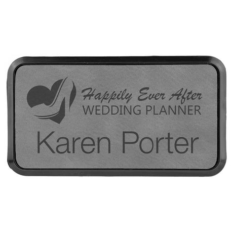 Gray 3" x 1 1/2" Laserable Leatherette Round Corner Badge & Frame
