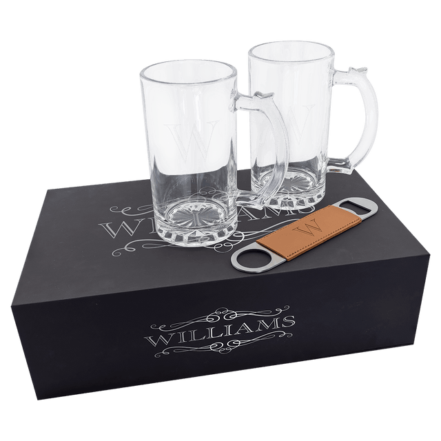Lazerburst Beer Set with Two 14 oz. Mugs and One Rawhide Laserable Leatherette Bottle Opener