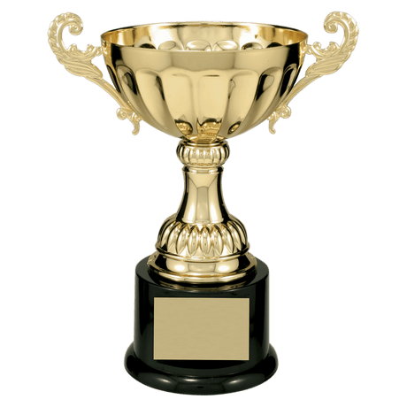 Gold 8 1/2" Completed Metal Cup Trophy on Plastic Base