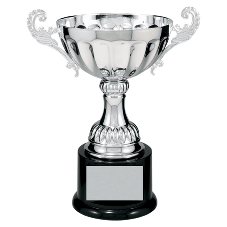 Silver 8 1/2" Completed Metal Cup Trophy on Plastic Base
