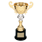 Gold 8 3/4" Completed Metal Cup Trophy on Plastic Base