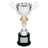 Silver 8 3/4" Completed Metal Cup Trophy on Plastic Base