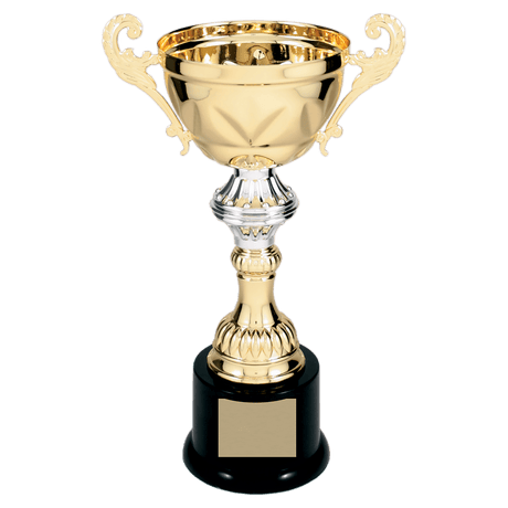 Gold 10" Completed Metal Cup Trophy on Plastic Base