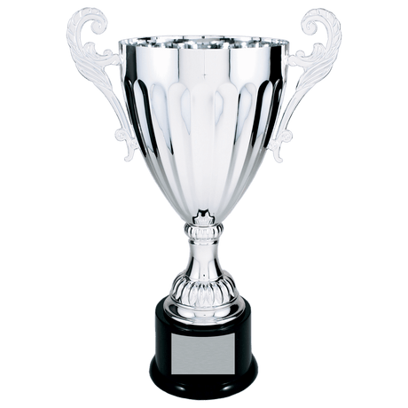Silver 2 14 1/2" Completed Metal Cup Trophy on Plastic Base