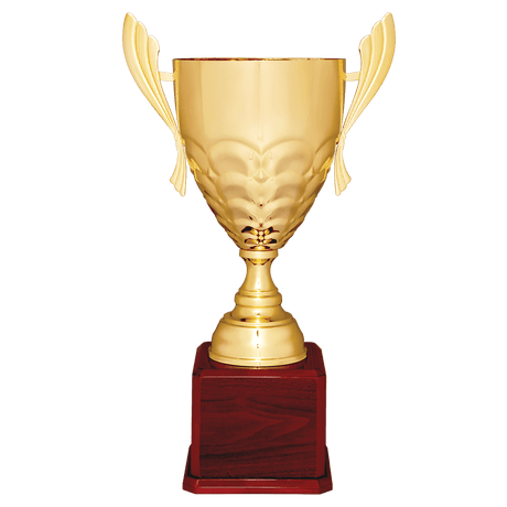 Gold Completed Metal Cup Trophy on Rosewood Royal 25 1/4" Piano Finish Base