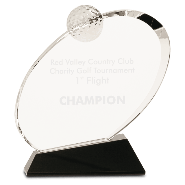 7 1/4" Clear Crystal Oblong Golf Award on Black Crystal Base