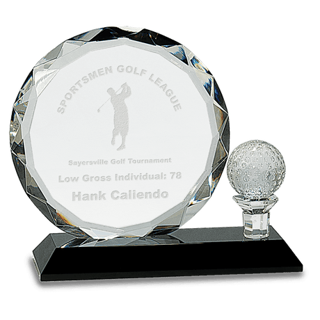 6 1/2" Round Facet Crystal with Golf Ball on Black Pedestal Base