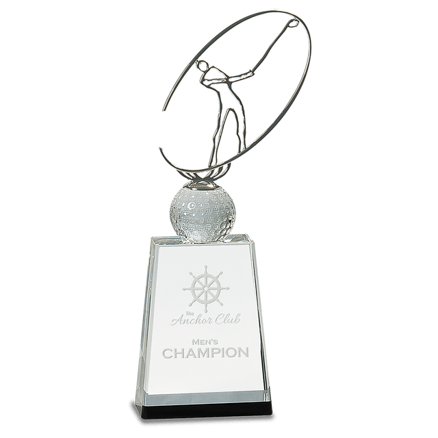 12" Clear/Black Crystal Golf Award with Silver Metal Oval Figure