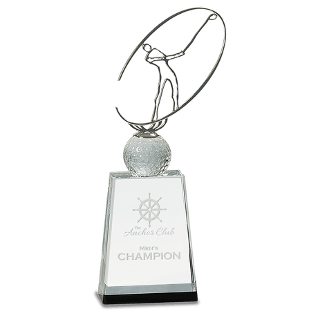 12" Clear/Black Crystal Golf Award with Silver Metal Oval Figure